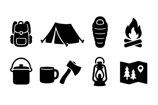 Silhouette camping gear icons set with backpack, tent, sleeping bag, campfire, cooking pot, mug, axe, lantern, and forest map. Outdoor adventure essentials vector illustration transparent background