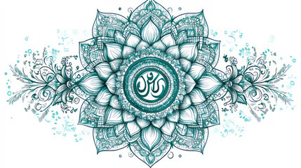 A detailed teal floral mandala design with intricate patterns and a central circular emblem element art