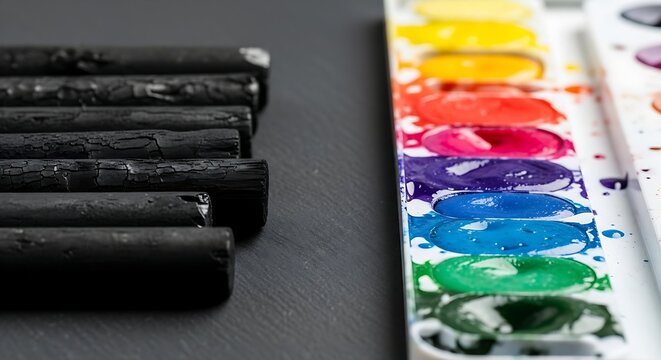 A conceptual still life contrasting black charcoal sticks with a colorful watercolor palette, symbolizing the artistic journey from monochrome sketches to vibrant paintings.