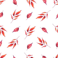 Bright autumn branches with leaves in warm colors. Seamless pattern. Hand-painted watercolor illustration. Isolated on a white background. For decoration, textile, prints, packaging, wrapping paper.