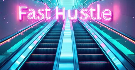 Neon escalator glows brightly. Fast Hustle text dominates view, creating vibrant, energetic scene. Modern design, dynamic perspective.