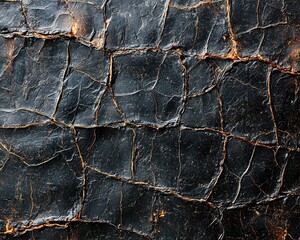 Fototapeta premium Close-up view of a dark, textured surface with a cracked and aged appearance. The texture resembles cracked leather or paint, showing deep fissures and discoloration