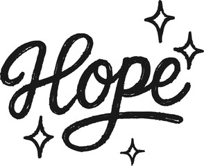 Hope hand-drawn doodle text PNG with transparent background, inspirational lettering illustration with decorative stars for motivation, poster, t-shirt design, greeting card, and creative projects