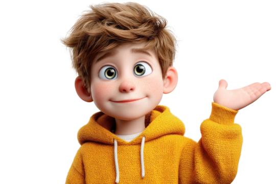 Cheerful animated character in a yellow hoodie with tousled hair, smiling and greeting with a friendly hand gesture against a transparent background.
