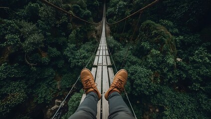 First person view of person standing on a suspended wooden bridge over a lush forest