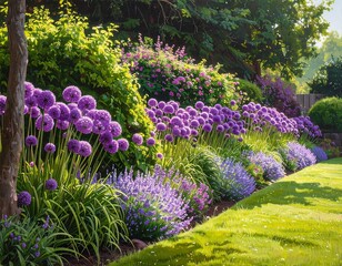 Obraz premium Vibrant purple allium blossoms create a stunning garden border, bathed in sunlight.