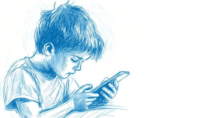 Boy frustrated using smartphone sketch illustration