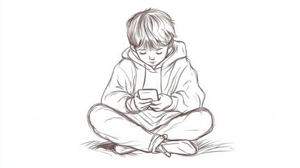 Boy sitting cross legged with smartphone sketch