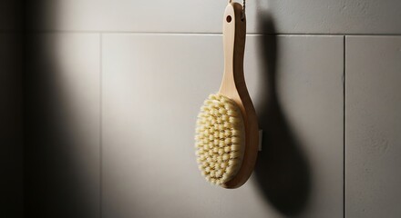Minimalist bathroom composition featuring an elegant wooden body brush