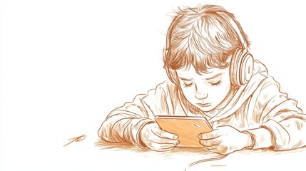 Child with headphones showing smartphone addiction sketch