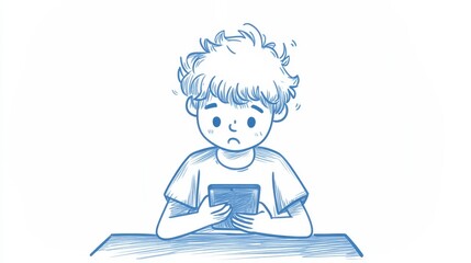 Cartoon boy worried about smartphone addiction illustration