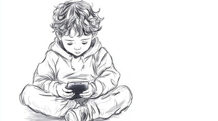 Little boy holding smartphone sketch drawing