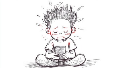 Frustrated child crying over smartphone addiction sketch