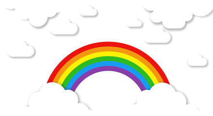 Colorful Rainbow with Clouds Illustration Red Yellow Green Blue and Purple.