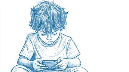 Boy addicted to smartphone sketch illustration