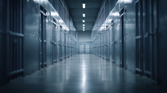 Sterile Prison Corridor with Rows of Cells and Harsh Lighting Suggesting Confinement and Justice