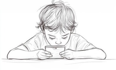 Child leaning on table addicted to smartphone sketch