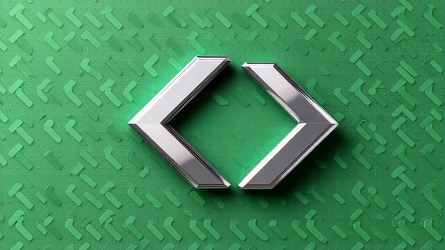 Abstract metallic brackets against a textured green background, representing coding or technology.