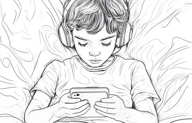Boy lying with headphones smartphone addiction sketch