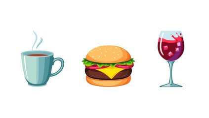 Steaming coffee cup, juicy burger, and refreshing wine glass create a perfect break.