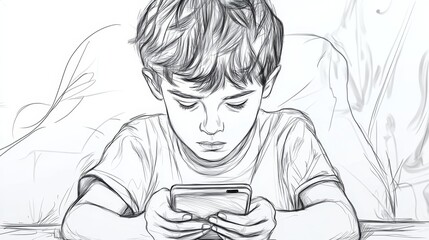 Boy focused on smartphone digital addiction sketch