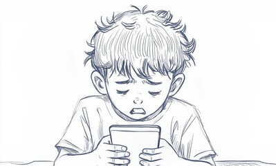 Sad boy holding smartphone digital addiction illustration