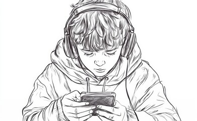 Boy with headphones addicted to smartphone sketch