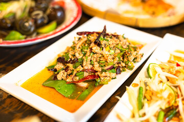 spicy minced pork salad, minced pork mash with spicy, Thai food