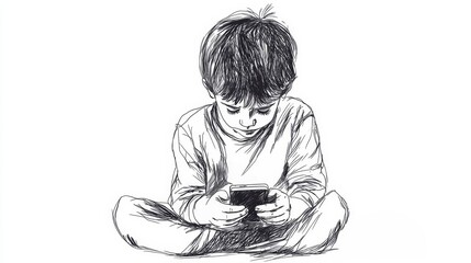 Boy sitting cross legged addicted to smartphone sketch