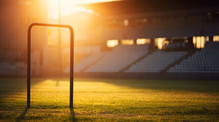 Football goalpost on empty stadium field under dramatic sunset lighting.