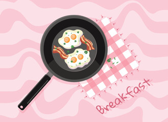 Breakfast, frying pan with eggs and bacon, decorated with a napkin, retro background, groove style, vector illustration, for packaging, cards and graphic design.