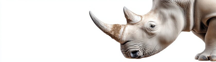 Fototapeta premium A close-up of a rhinoceros showcasing its distinct horn and textured skin, emphasizing the animal's strength and unique features.