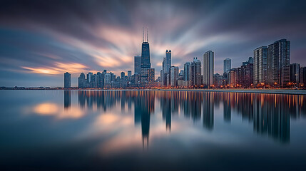 Chicago Skyline at Dusk with Reflections on Water AI Generated
