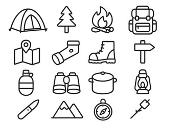 Camping, outdoor adventure line icon set. Hiking and backpacking essentials outline collection. Vector graphic symbols for travel, nature, exploration, survival, and leisure.