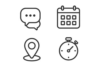 Communication and event planning line icon set. Chat bubble, calendar schedule, map location pin, and stopwatch timer icons. Vector symbols for web, UI, business apps.