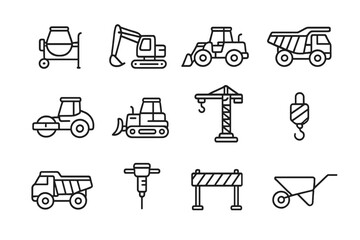 Construction equipment line icon set. Heavy machinery, tools, vehicles linear collection. Vector icons of excavator, crane, bulldozer, truck for building industry.