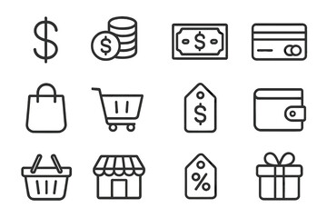 Shopping and finance line icon set. Vector outline symbols for e-commerce, retail and payment. Includes money, credit card, cart, basket, store, sale tag and gift icons.