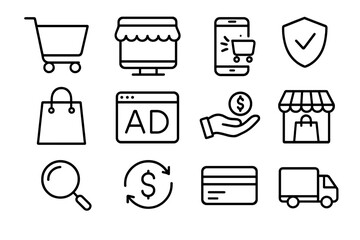 Online shopping and e-commerce vector line icon set. Internet retail business concept. Web store, secure payment, transaction, delivery truck, shopping cart, ad, and money.