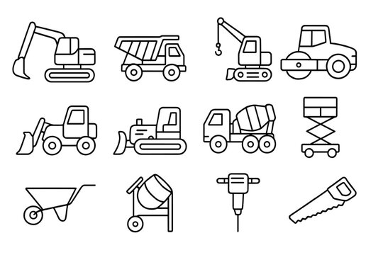 Construction equipment line icon set. Heavy machinery, tools, vehicles linear collection. Vector outline graphic. Excavator, truck, crane, bulldozer, cement mixer, roller.