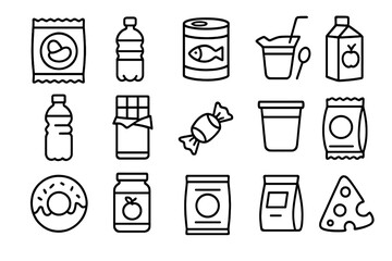 Food and beverage outline icon set. Supermarket groceries, snacks, canned goods, packaging collection. Donut, cheese, chocolate. Linear vector cartoon illustration.