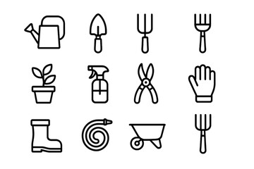 Gardening tools line icon set. Essential garden and farm equipment linear style collection. Vector illustration of horticultural and agricultural symbols for design element.