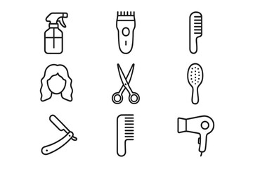 Barber shop & hairdressing salon tools outline icon set. Haircut, grooming, styling equipment vector icons. Clipper, scissors, comb, dryer, razor, brush isolated symbols.
