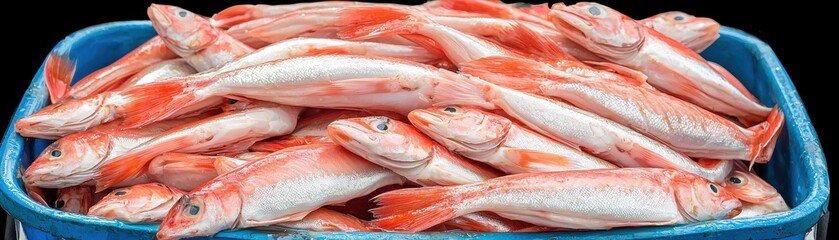 A vibrant display of freshly caught fish piled high in a blue container, showcasing their pinkish-red hues and glistening scales.