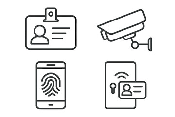 Security and access control line icon set with identification badge, surveillance camera, fingerprint smartphone scan, and electronic door entry system, vector cartoon illustration