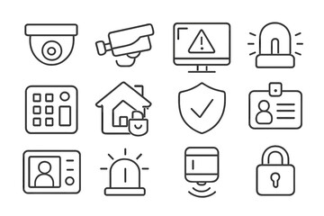 Security and surveillance icon set, camera monitor equipment, vector line art illustration, home protection symbols, alarm system, access control, identification badges, safety shield