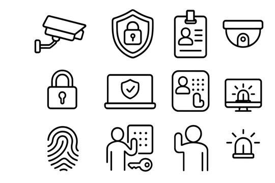 Security and access control line icon set, monitoring protection symbols in outline style, vector cartoon illustration with transparent background, ordered set of safety icons