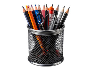 Sleek Metal Pencil Holder with Colorful Stationery on White Background PNG