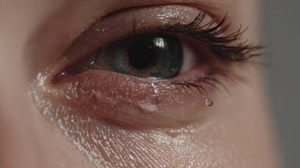 Close-up of a human eye with a tear drop on the skin below.