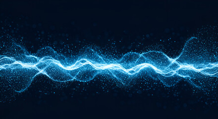 Abstract blue energy wave with glowing particles on a dark background concept