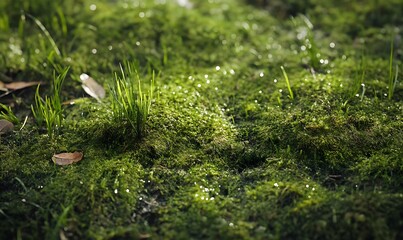 Obraz premium Close-up of lush green moss with delicate dew drops glistening.